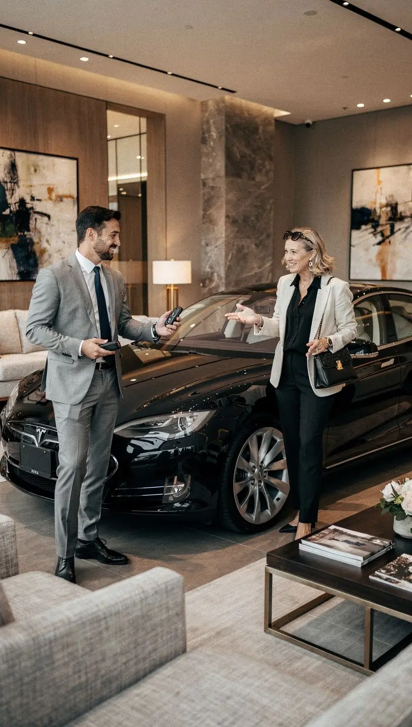 Interior of a luxury vehicle service boutique with premium European cars parked and undergoing maintenance