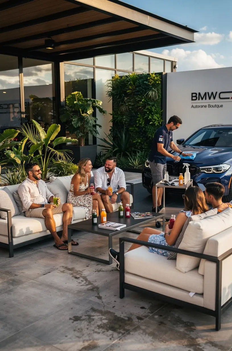 Customer consulting with a service advisor in a luxury vehicle boutique focused on premium European brands in Los Angeles Bloom